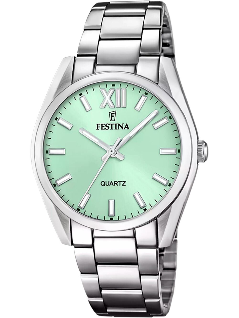 Festina Damenuhr mit grünem Zifferblatt, römischen Zahlen und Edelstahlarmband
