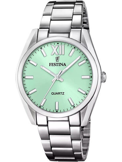 Festina Damenuhr mit grünem Zifferblatt, römischen Zahlen und Edelstahlarmband
