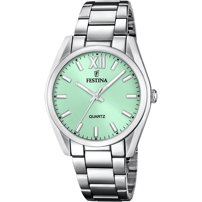 Festina Damenuhr mit grünem Zifferblatt, römischen Zahlen und Edelstahlarmband
