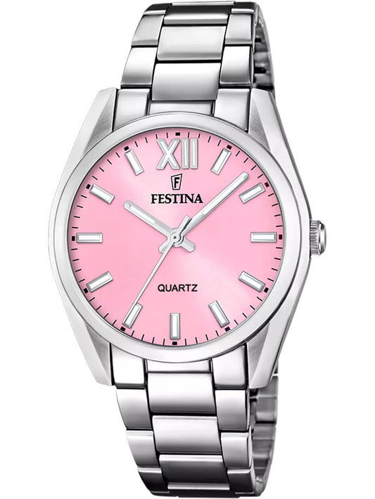 Zegarek damski Festina z bransoletą ze stali szlachetnej, różową tarczą i mechanizmem kwarcowym