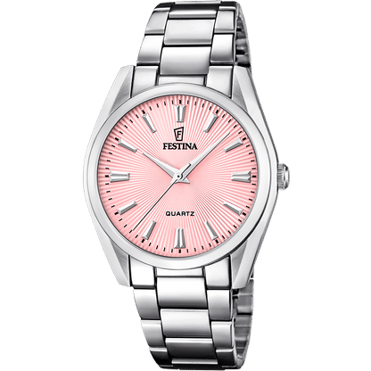 Festina Damenuhr mit silbernem Edelstahlarmband, rosafarbenem Zifferblatt und Zeigern