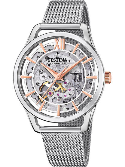 Festina Damenarmbanduhr mit silbernem Meshband, rundem Skelettzifferblatt und orangefarbenen Indexen