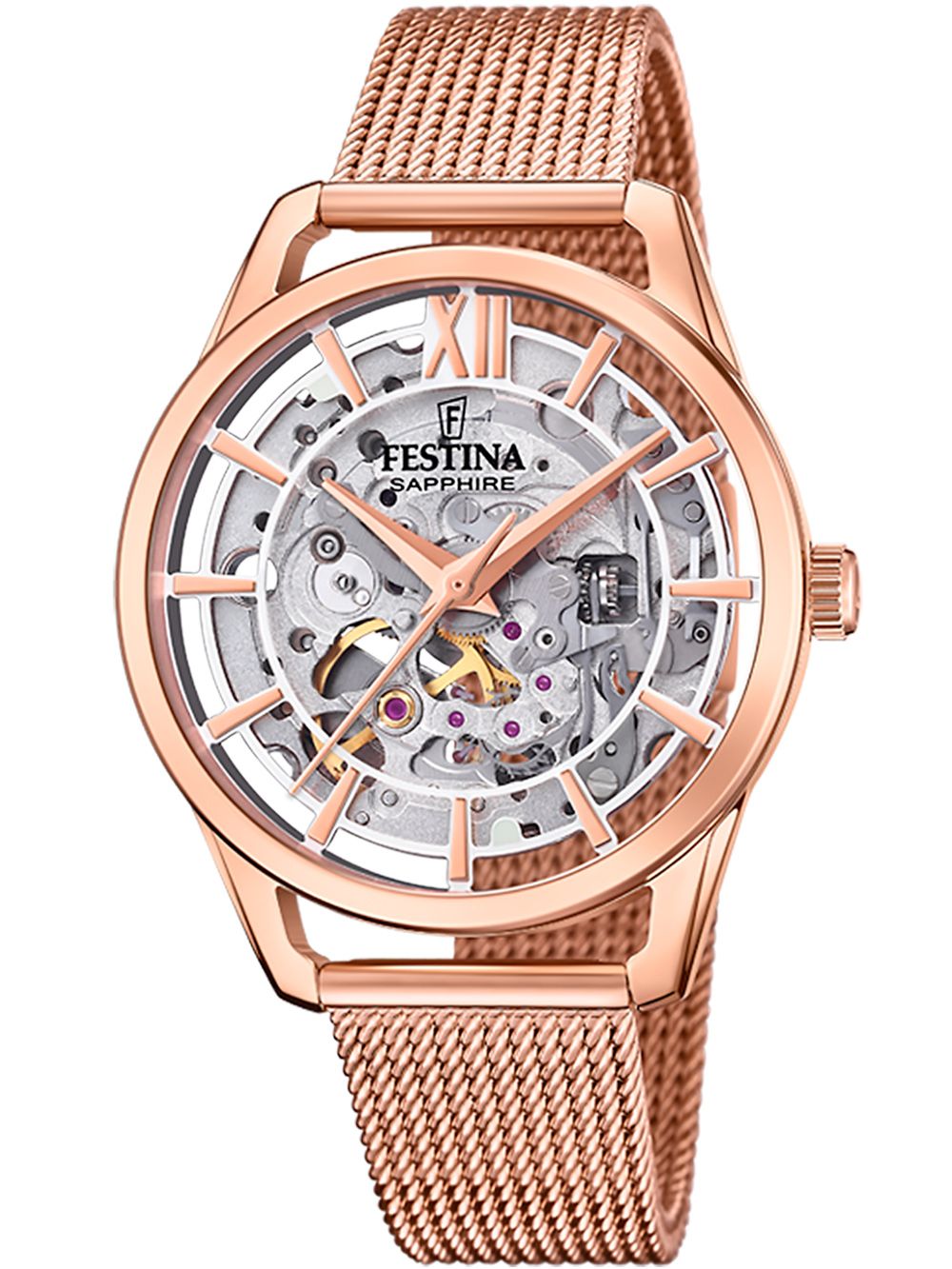 Festina Damenuhr mit Skelettzifferblatt, Roségoldfarbenes Mesh-Armband