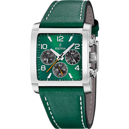 Festina Herrenuhr mit grünem Zifferblatt und Lederarmband, Chronograph mit Hilfszifferblättern.