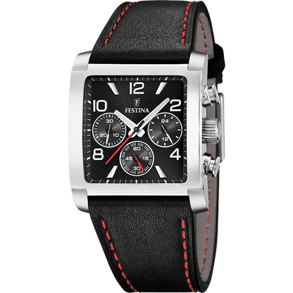 Festina Herrenuhr-Chronograph mit schwarzem Zifferblatt, silbernem Gehäuse und Lederarmband
