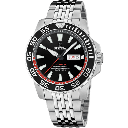 Festina Herrenarmbanduhr mit schwarzem Zifferblatt, Saphirglas und Edelstahlarmband
