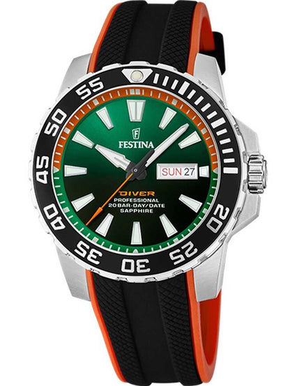 Festina Herrenuhr mit grünem Zifferblatt, schwarzer Lünette und schwarzem Silikonarmband
