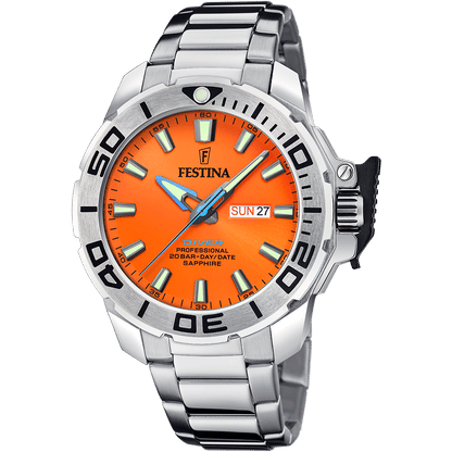 Herren-Diveruhr mit orangefarbenem Zifferblatt, Saphirglas und Metallarmband
