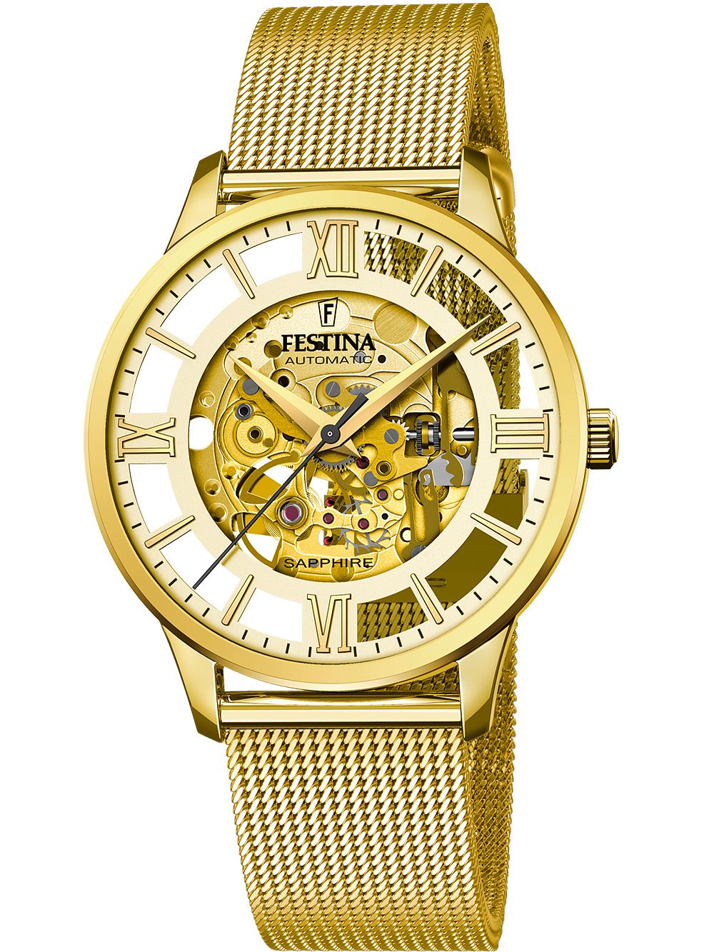 Goldfarbene Herrenuhr mit Mesh-Armband und Skelettzifferblatt, Automatikwerk