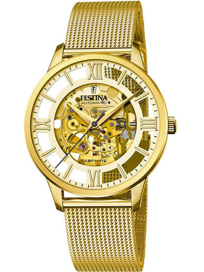 Goldfarbene Herrenuhr mit Mesh-Armband und Skelettzifferblatt, Automatikwerk