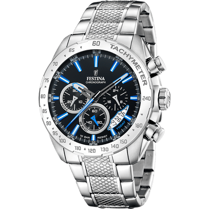 Festina Herrenuhr Chronograph mit blauem Zifferblatt, Tachymeter-Lünette und Stahlband