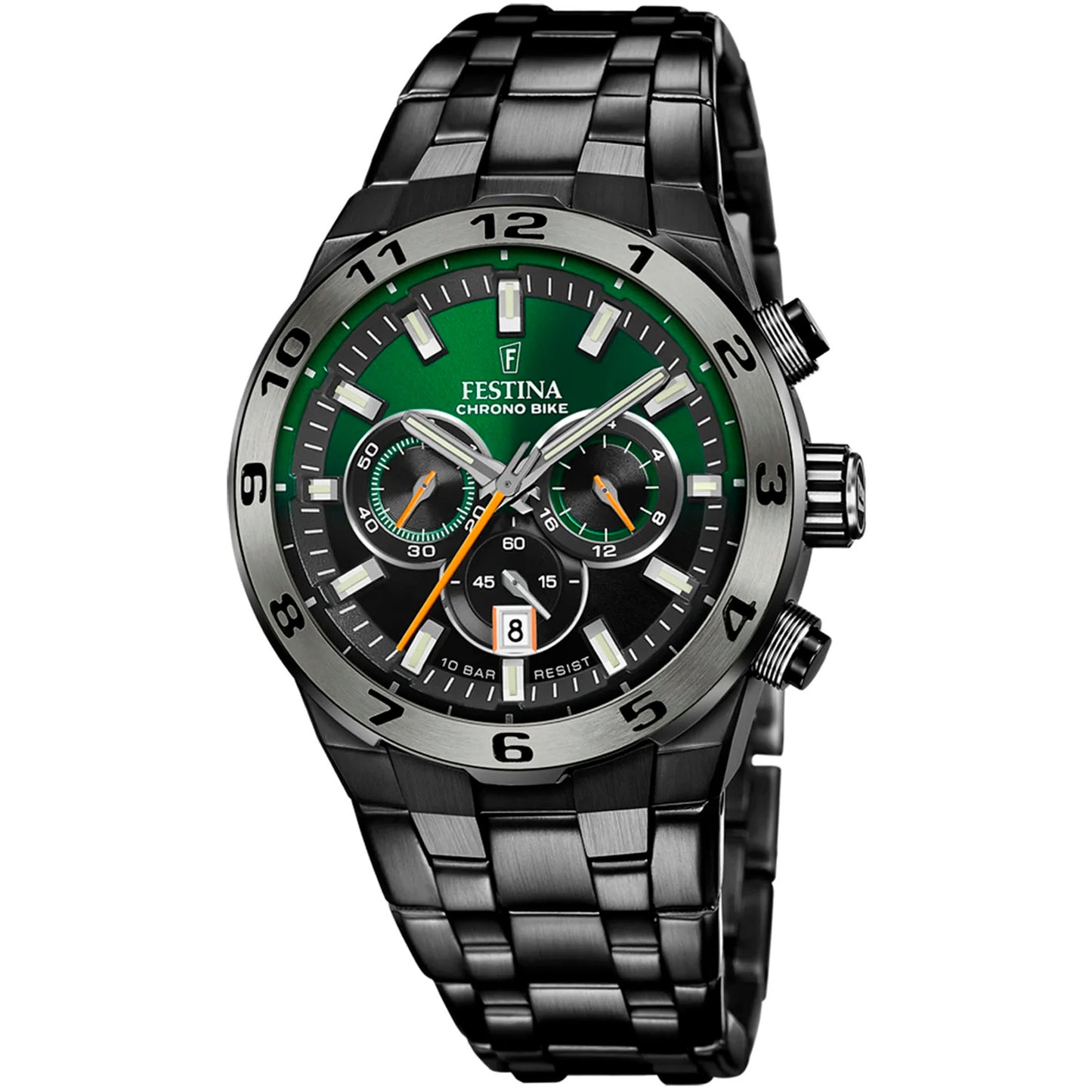 Festina Chronograph-Herrenuhr: schwarzes Band, grünes Zifferblatt mit Hilfszifferblättern