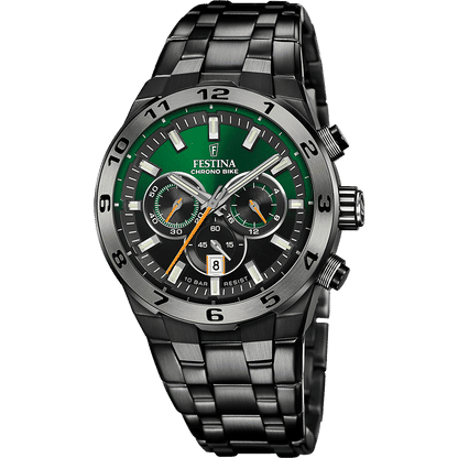 Festina Chrono Bike Herrenchronograph mit schwarzem Stahlband und grünem Zifferblatt, Chronographenanzeigen