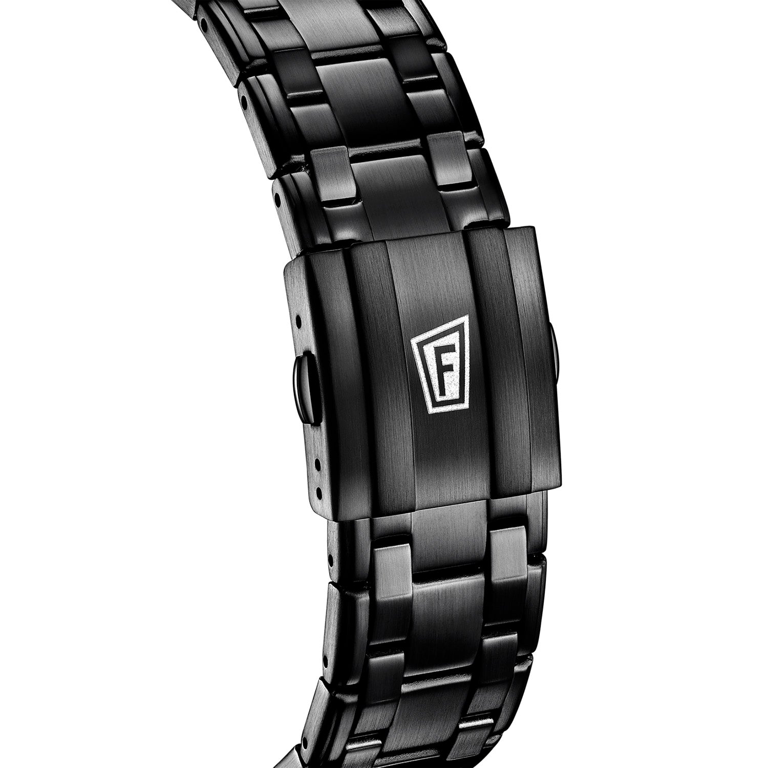 Schwarzes Edelstahlarmband mit F-Emblem und Gliedern der Chronographenarmbanduhr