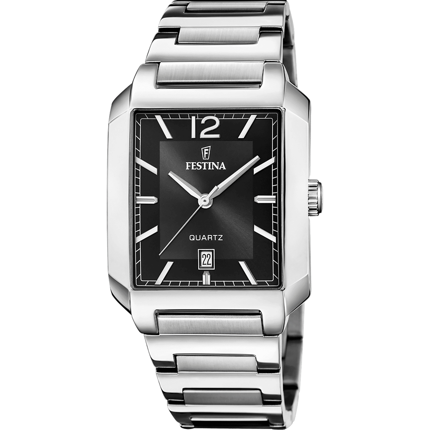 Festina Herrenarmbanduhr mit schwarzem Zifferblatt, quadratischem Gehäuse und Edelstahlband
