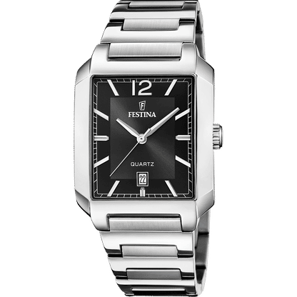 Festina Herrenarmbanduhr mit schwarzem Zifferblatt, quadratischem Gehäuse und Edelstahlband