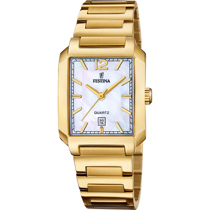 Festina Damenuhr mit rechteckigem Gehäuse, goldfarbenem Armband und hellblau-weißem Zifferblatt