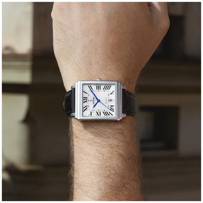 Festina Herren-Uhr am Handgelenk, eckiges Stahlgehäuse, schwarzes Lederband