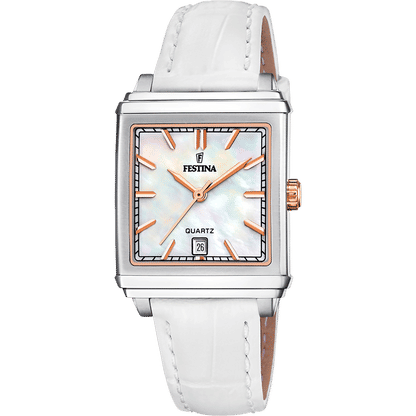 Festina Damenuhr mit rechteckigem Gehäuse, weißem Lederarmband und hellblauem Zifferblatt