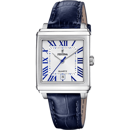 Festina Damenuhr blaues Lederarmband silbernes Gehäuse analoges Quartz-Zifferblatt