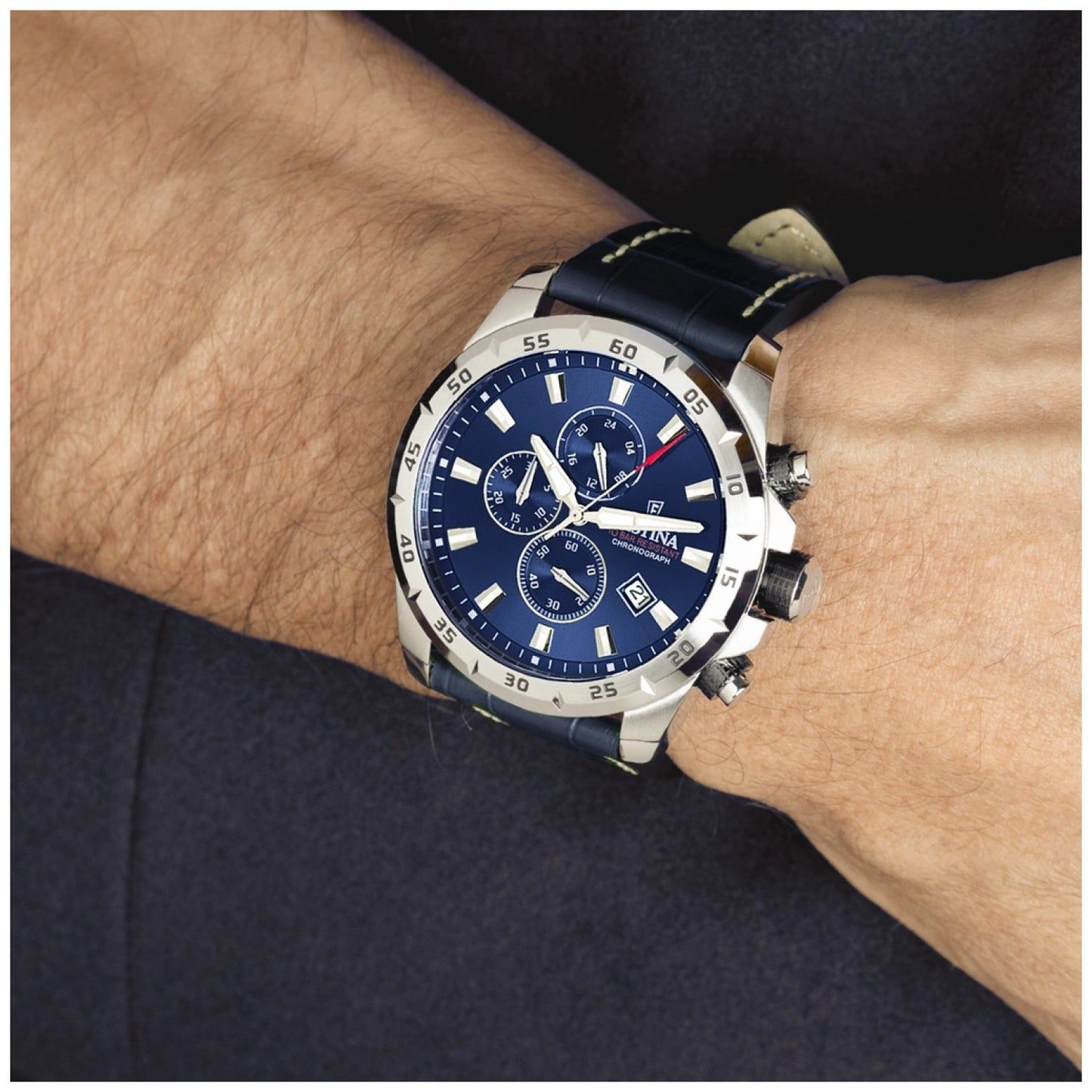 Festina Herrenuhr Chronograph am Handgelenk, blaues Zifferblatt, silbernes Gehäuse