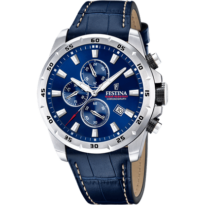 Festina Herrenuhr Chronograph mit blauem Zifferblatt, Lederarmband und Datumsanzeige