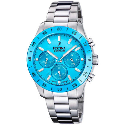 Festina Chronograph Damenarmbanduhr mit türkisfarbenem Zifferblatt und Edelstahlarmband