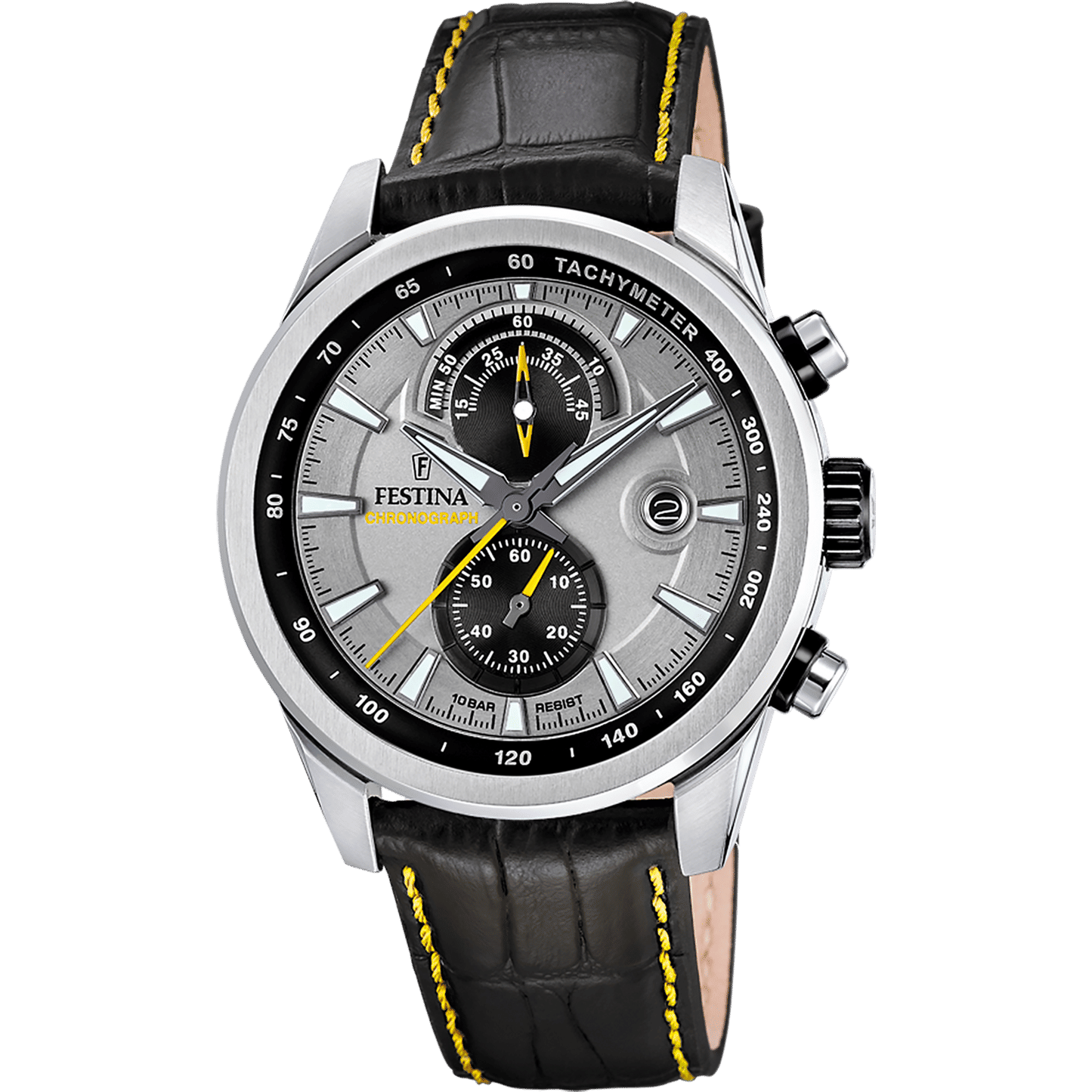 Herren-Chronograph mit schwarzem Lederarmband, silbernem Gehäuse und schwarzem Zifferblatt