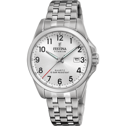 Herrenarmbanduhr Festina mit silbernem Titan-Armband, weißem Zifferblatt und Datumsanzeige
