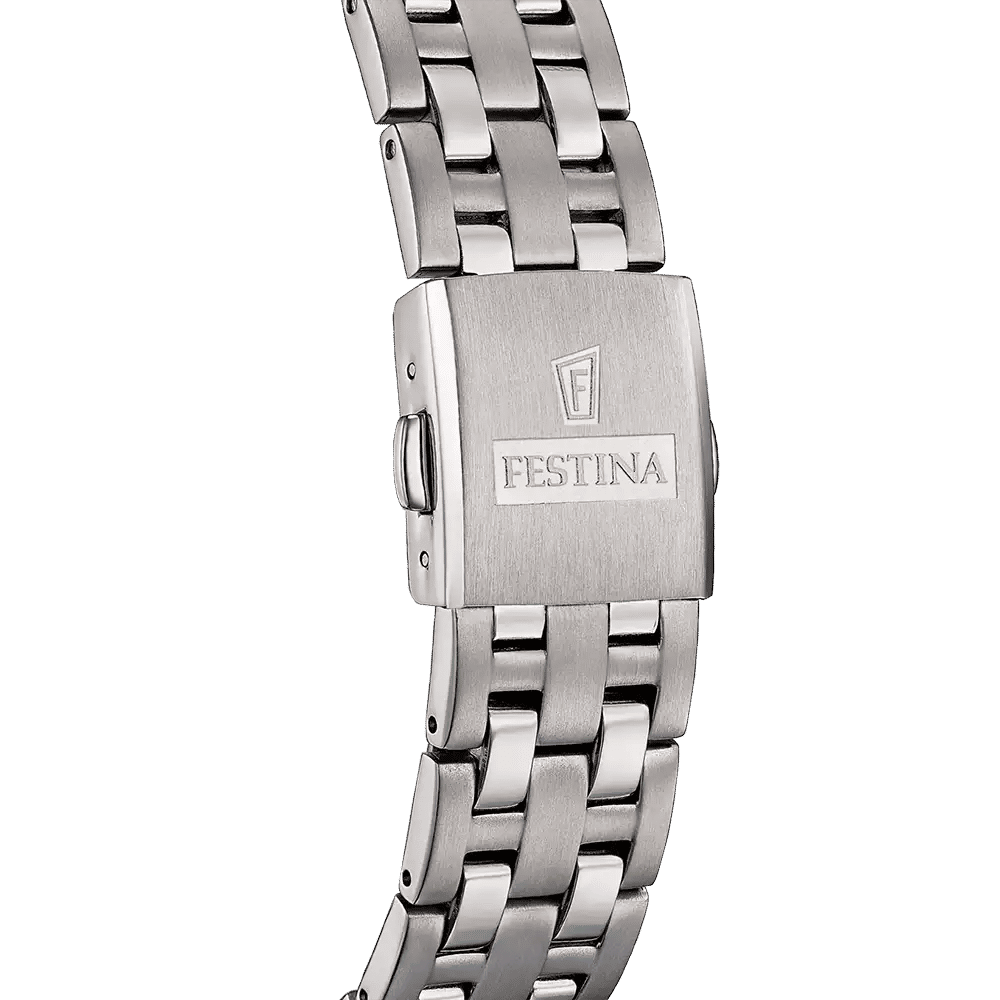 Herren-Armbanduhr: Metallarmband mit Festina-Schrift am Verschluss