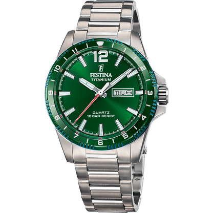 Festina Titanium Herrenuhr mit grünem Zifferblatt und Titanarmband, analog mit Datum