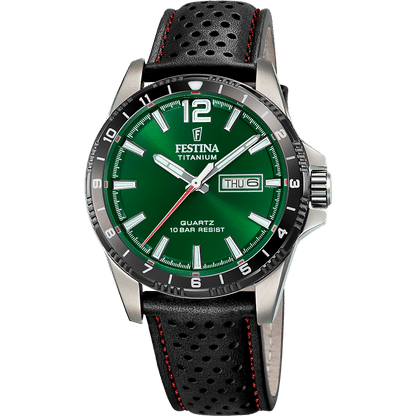 Festina Herrenarmbanduhr: grünes Quarz-Zifferblatt, Titangehäuse, schwarzes Lederband mit roten Nähten