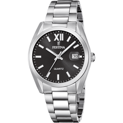 Festina Herrenarmbanduhr mit schwarzem Zifferblatt, Datumsfenster und Metallband