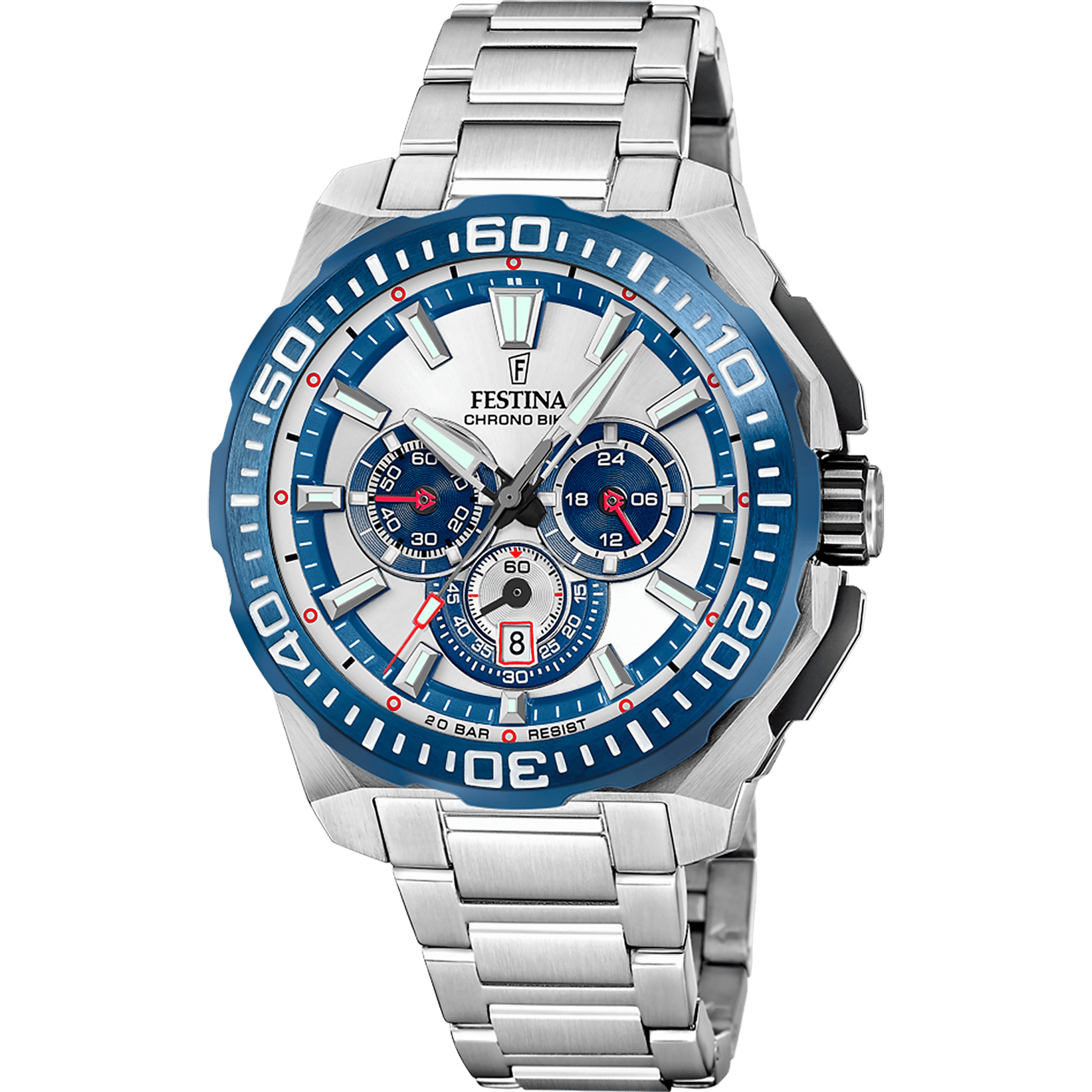 Herren-Armbanduhr mit silbernem Edelstahlband und blauem Chronograph-Zifferblatt
