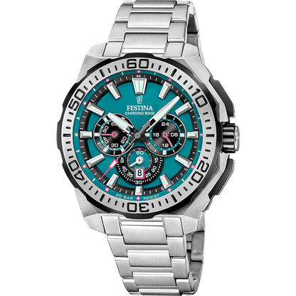 Herren-Armbanduhr mit blau-grünem Zifferblatt, Chronograph und Edelstahlarmband