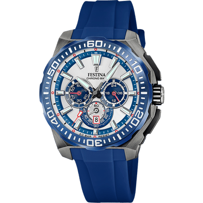 Festina Herren-Chronograph mit blauem Zifferblatt und Silikonarmband, Edelstahlgehäuse