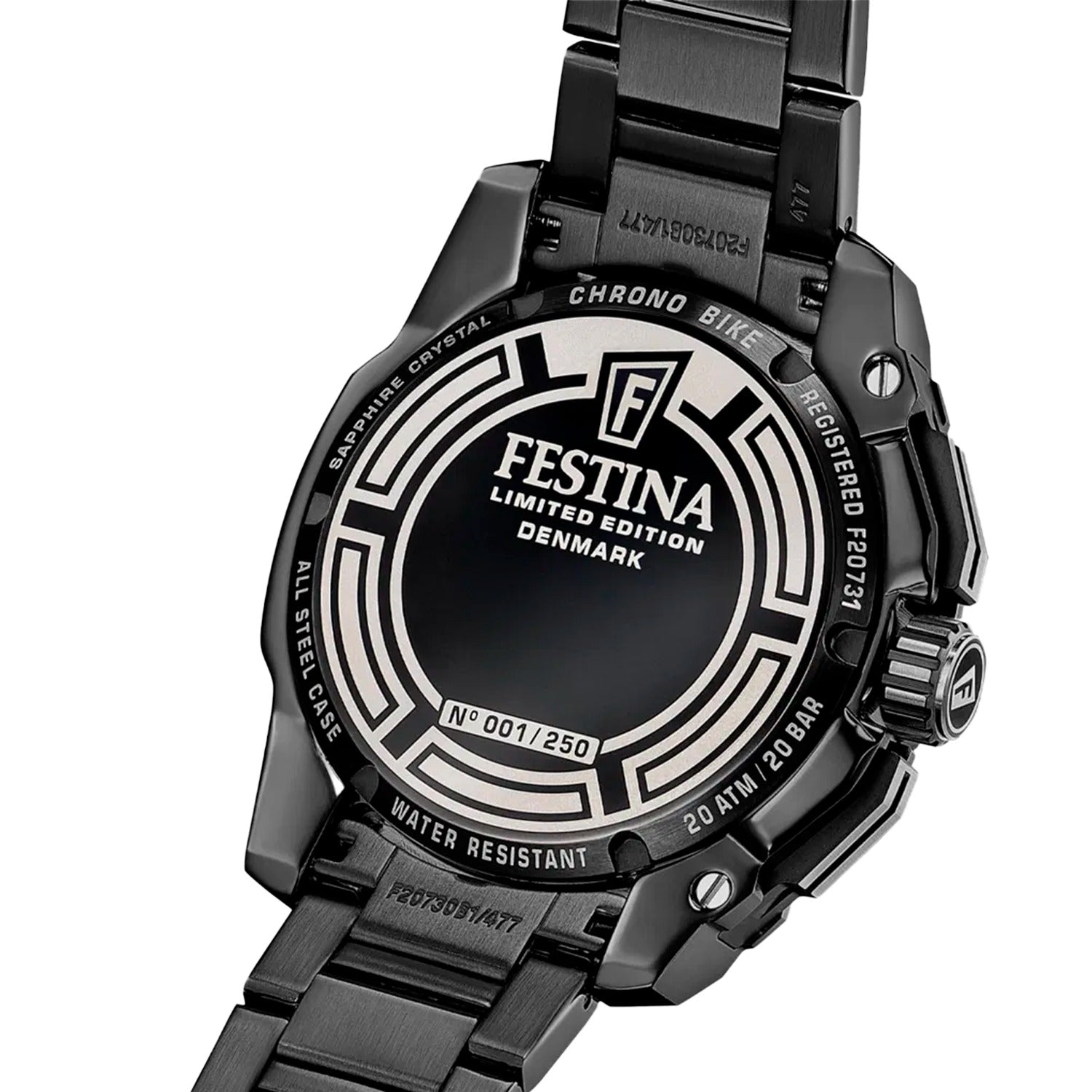 Herrenarmbanduhr Festina Chrono Bike Rückseite mit Prägung, schwarzes Metallarmband