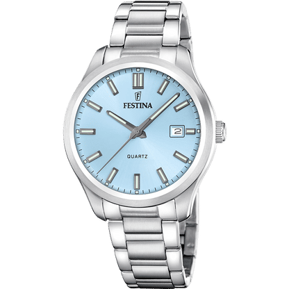 Festina Herrenarmbanduhr mit silbernem Metallband, hellblauem Zifferblatt und Quarz