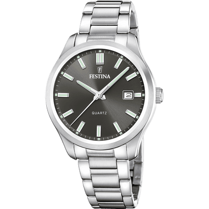 Festina Herrenuhr: silberfarbenes Edelstahlband, dunkles Zifferblatt mit grünen Markierungen, Datum