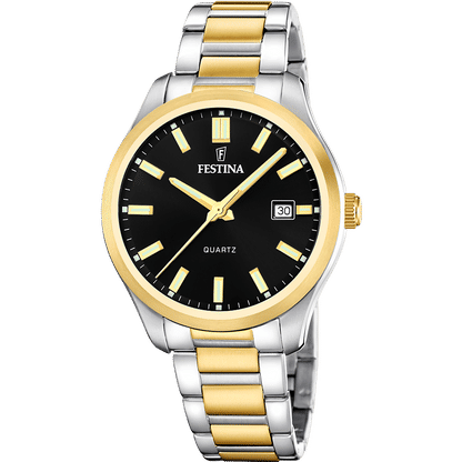 Festina Herrenuhr mit schwarzem Zifferblatt, gold-silberfarbenem Band und Datumsanzeige