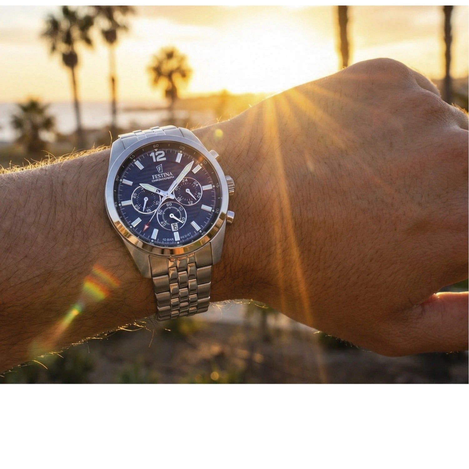 Herren-Chronograph Festina mit blauem Zifferblatt und Edelstahlarmband