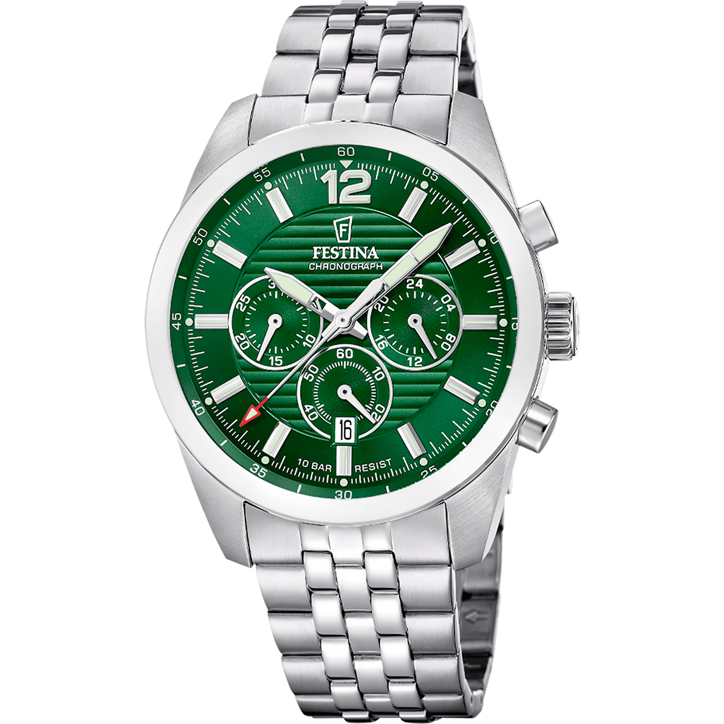 Festina Chronograph Herrenarmbanduhr mit grünem Zifferblatt und Edelstahlarmband