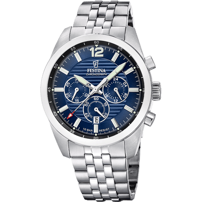Festina Herren-Chronographuhr, blaues Zifferblatt, Edelstahlarmband