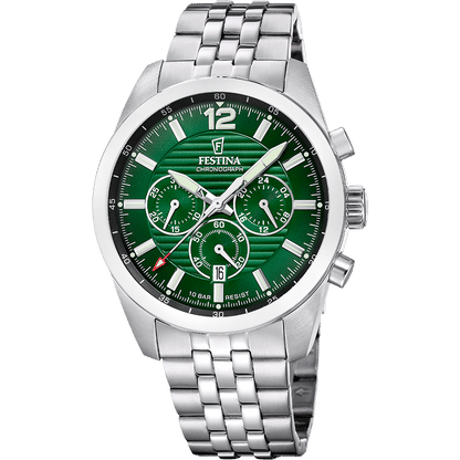 Herren-Chronographen-Armbanduhr Festina mit grünem Zifferblatt und Edelstahlarmband