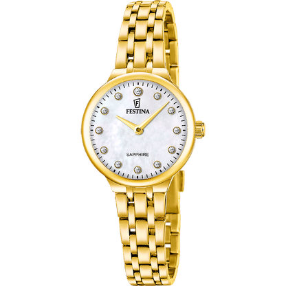Festina Damenarmbanduhr mit Perlmutt-Zifferblatt und goldfarbenem Edelstahlarmband