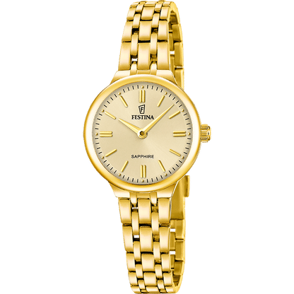 Damenuhr von Festina mit goldfarbenem Edelstahlarmband, rundem Zifferblatt, Quarzwerk