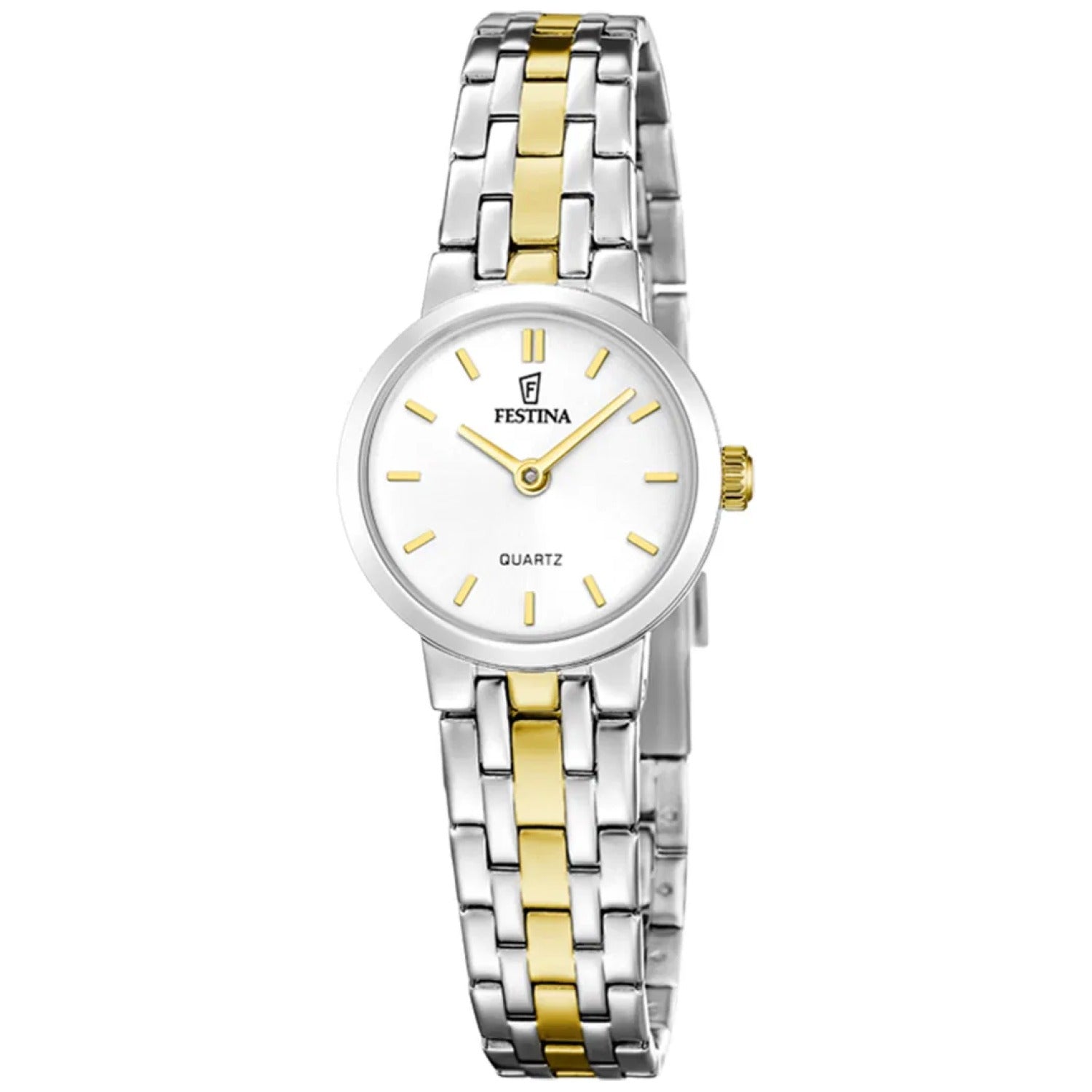 Damenarmbanduhr mit weißem Zifferblatt, Festina-Logo, Edelstahlband mit Gold-Gliedern