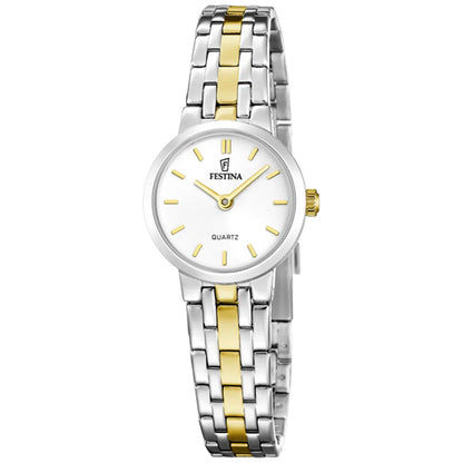 Damenarmbanduhr mit weißem Zifferblatt, Festina-Logo, Edelstahlband mit Gold-Gliedern