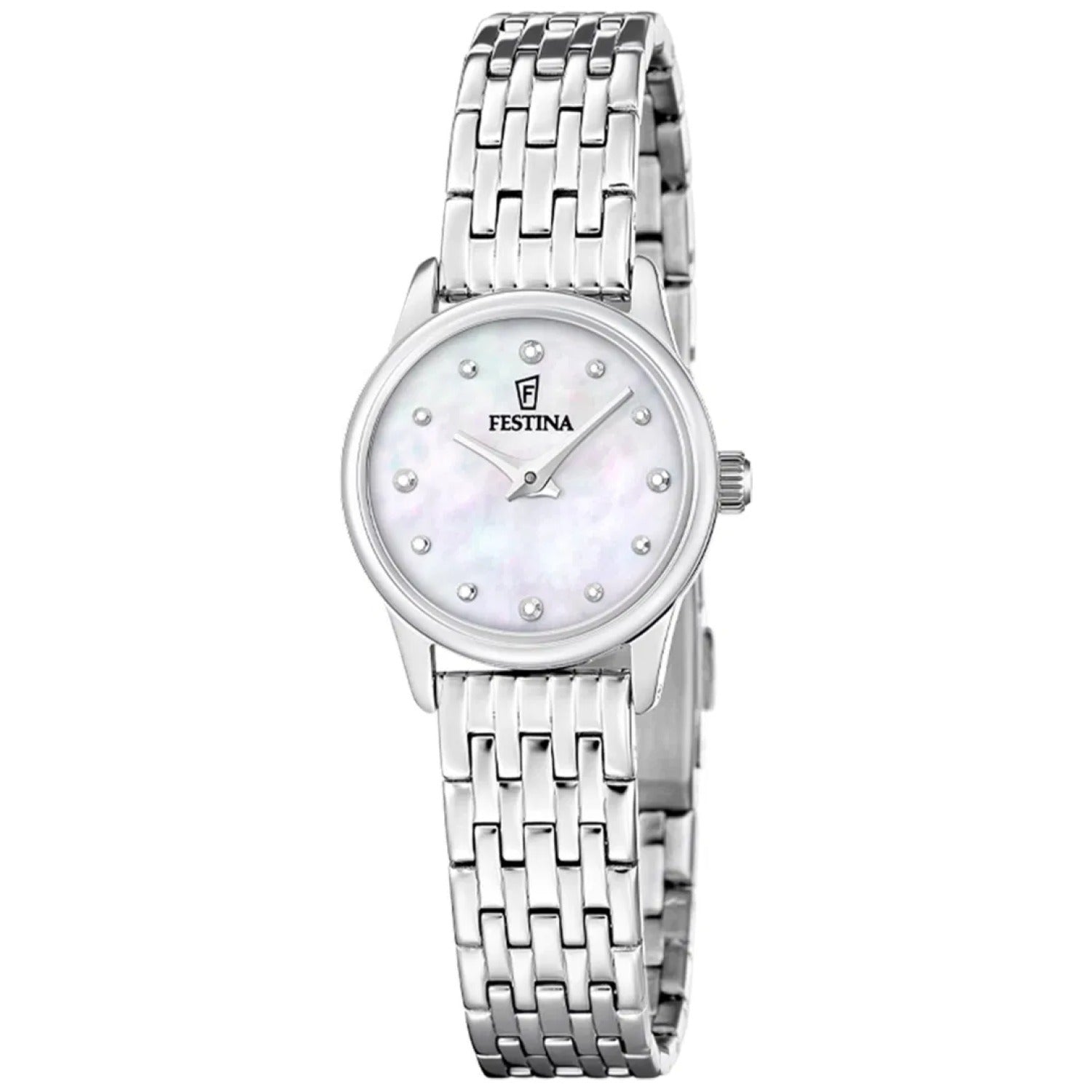Damen-Armbanduhr Festina: Edelstahlband, rundes Gehäuse, Perlmuttzifferblatt