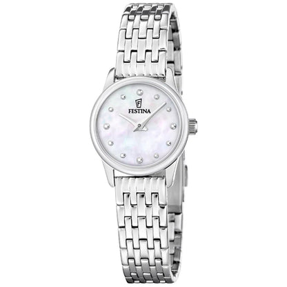 Damen-Armbanduhr Festina: Edelstahlband, rundes Gehäuse, Perlmuttzifferblatt